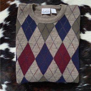 MEN’S Vintage Argyle Made in ITALY Crew Neck Sweater Wool Blend  L